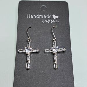 Clear Crystal Cross Silver Plated Earrings With Stainless Steel Ear Wires